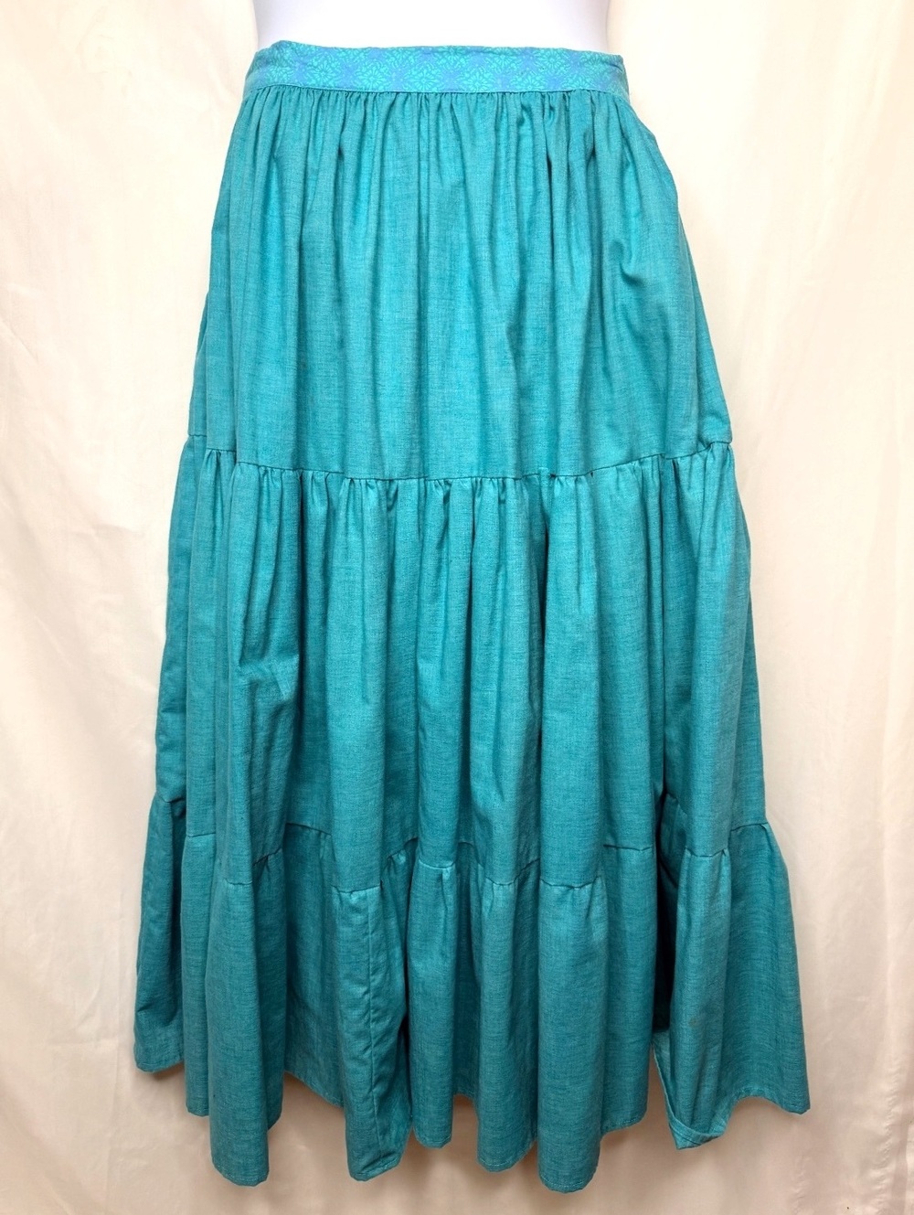 Vintage Handmade 1970s Teal Boho Prairie Maxi Skirt